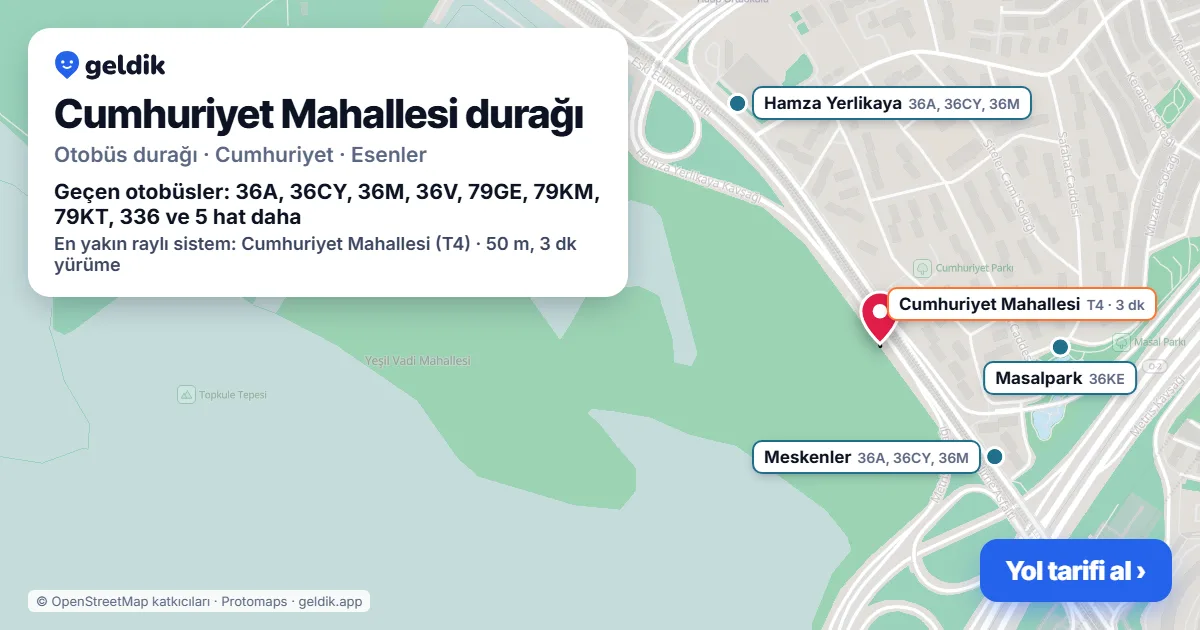 Cumhuriyet Mahallesi otobüs durağı haritada: konumu ve yakındaki duraklar