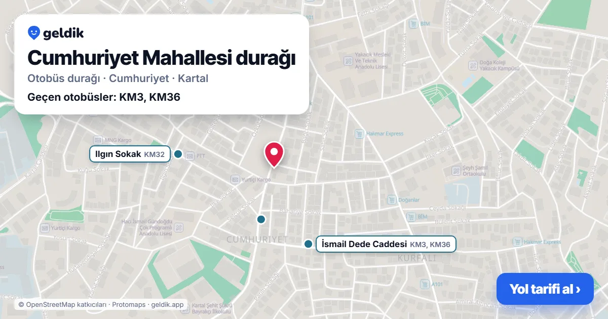 Cumhuriyet Mahallesi otobüs durağı haritada: konumu ve yakındaki duraklar