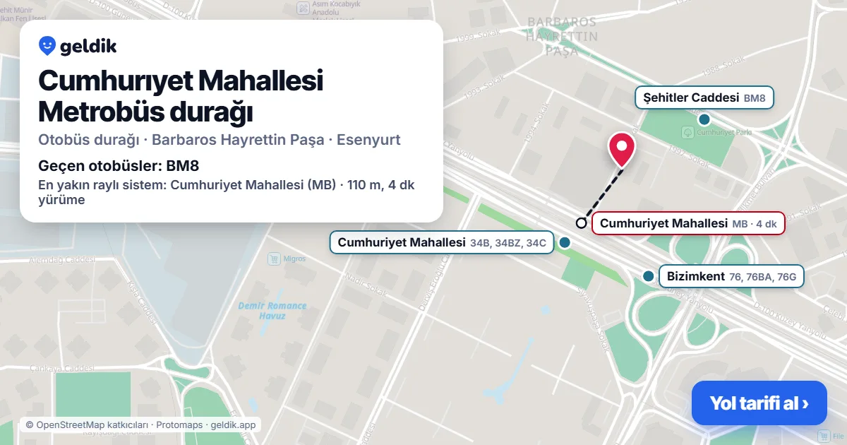 Cumhurıyet Mahallesi Metrobüs otobüs durağı haritada: konumu ve yakındaki duraklar