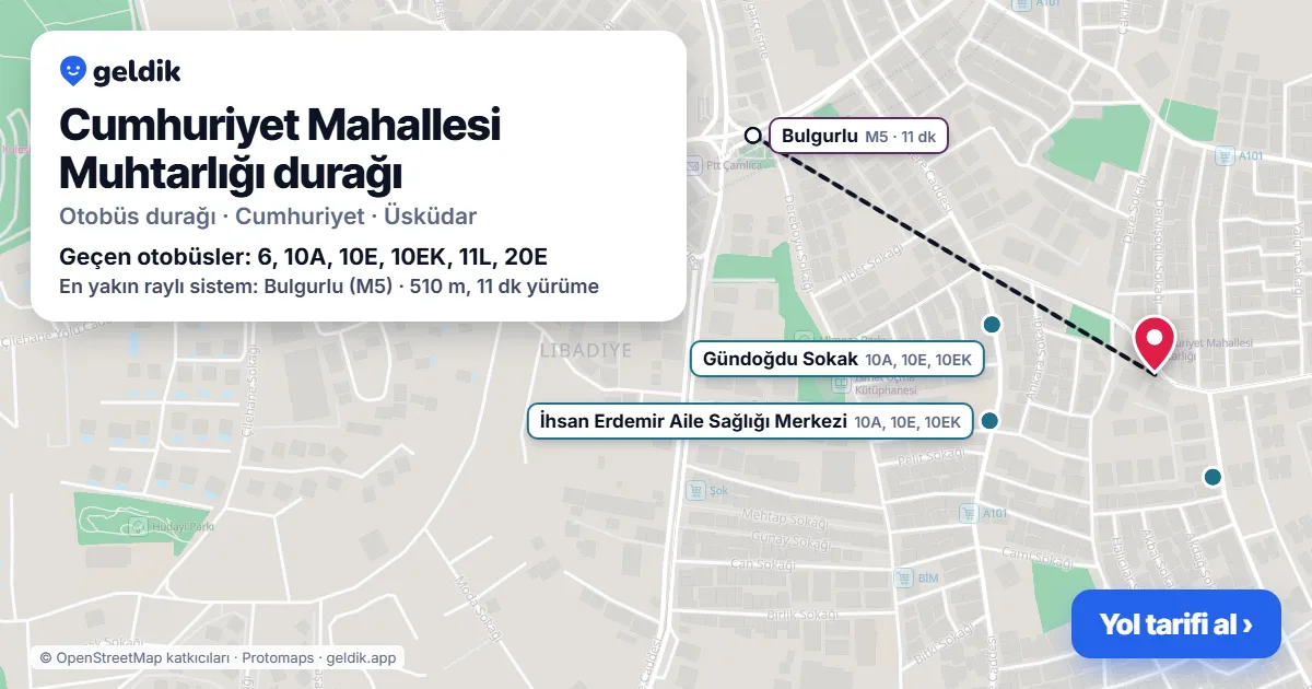Cumhuriyet Mahallesi Muhtarlığı otobüs durağı haritada: konumu ve yakındaki duraklar