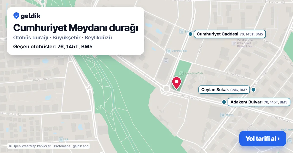 Cumhuriyet Meydanı otobüs durağı haritada: konumu ve yakındaki duraklar