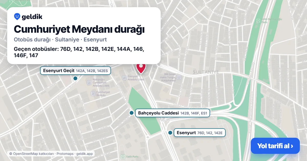 Cumhuriyet Meydanı otobüs durağı haritada: konumu ve yakındaki duraklar