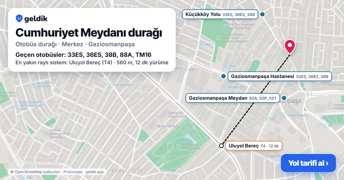 Cumhuriyet Meydanı otobüs durağı haritada: konumu ve yakındaki duraklar