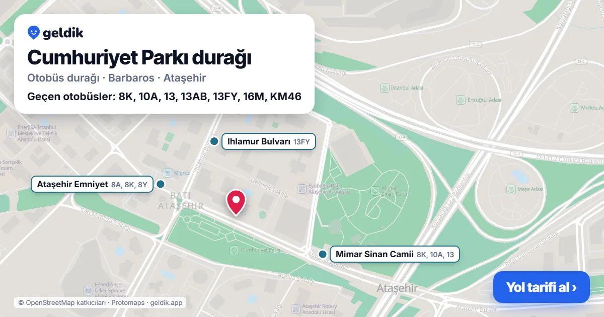 Cumhuriyet Parkı otobüs durağı haritada: konumu ve yakındaki duraklar