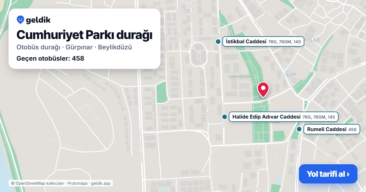 Cumhuriyet Parkı otobüs durağı haritada: konumu ve yakındaki duraklar