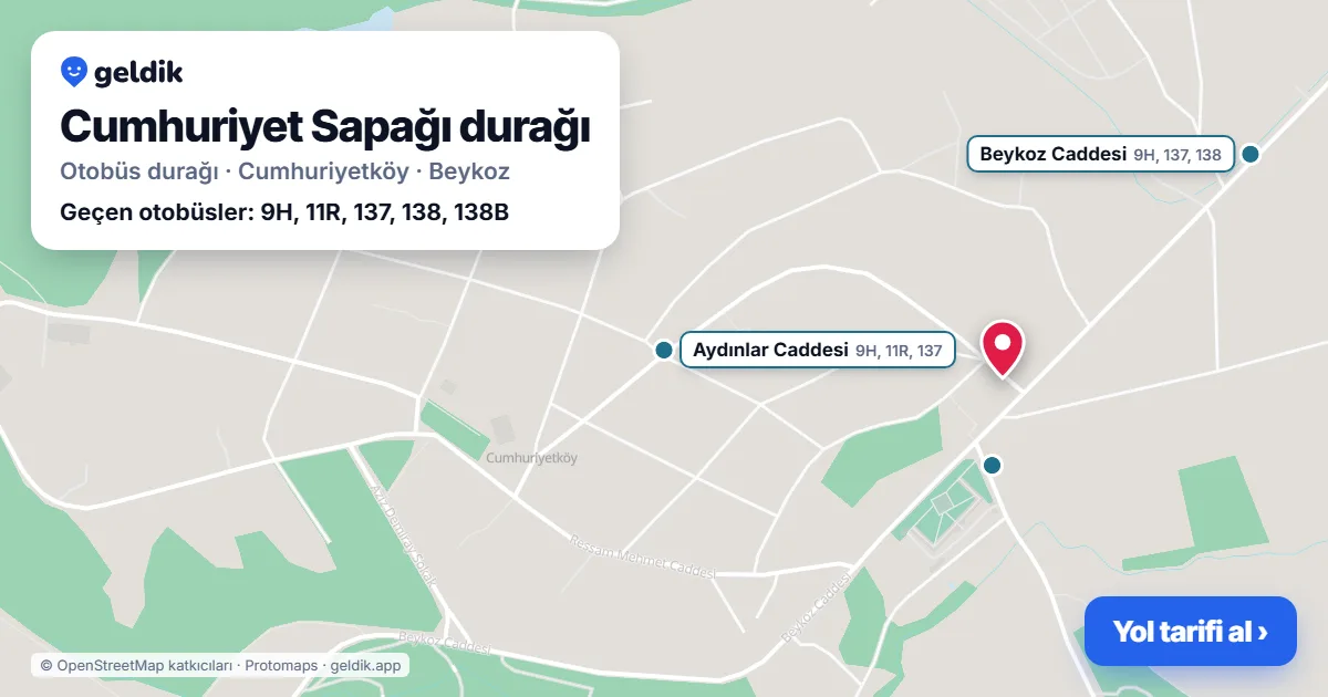 Cumhuriyet Sapağı otobüs durağı haritada: konumu ve yakındaki duraklar