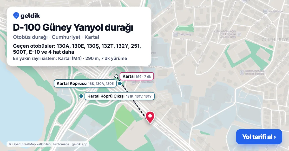 D-100 Güney Yanyol otobüs durağı haritada: konumu ve yakındaki duraklar
