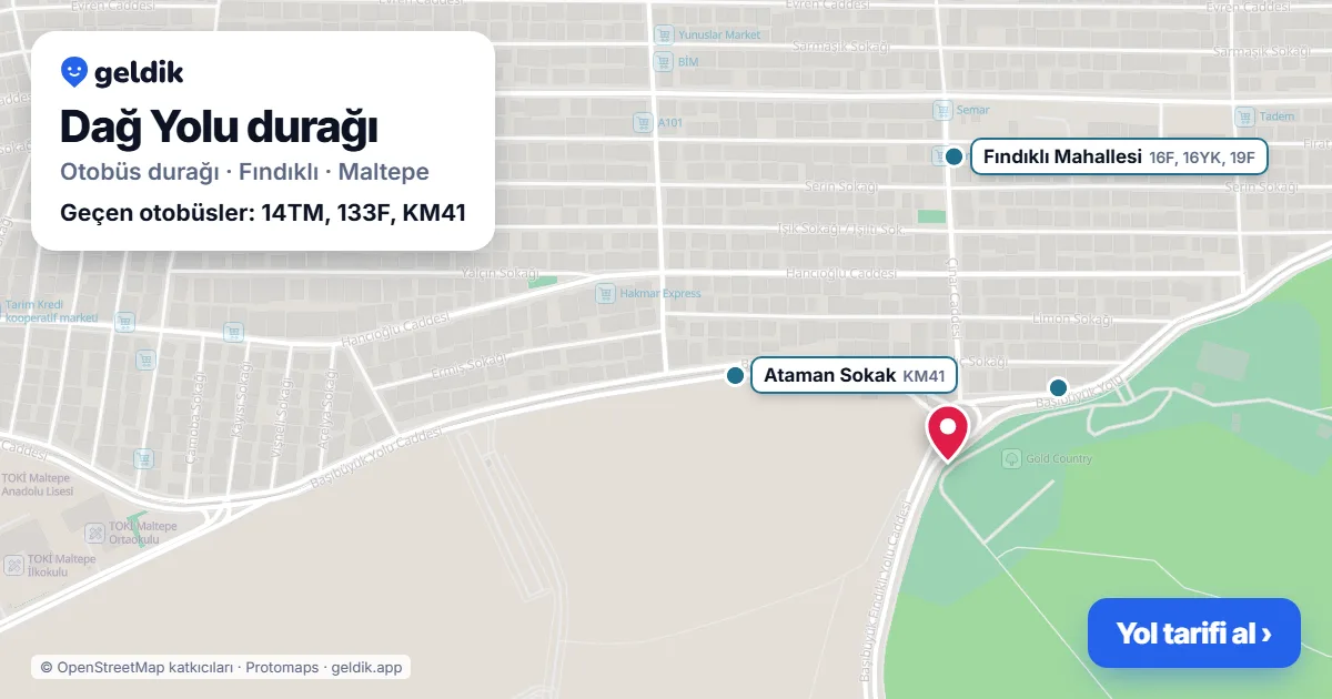 Dağ Yolu otobüs durağı haritada: konumu ve yakındaki duraklar