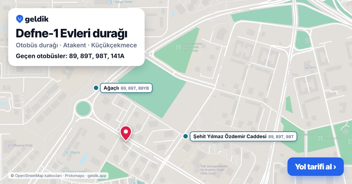 Defne-1 Evleri otobüs durağı haritada: konumu ve yakındaki duraklar