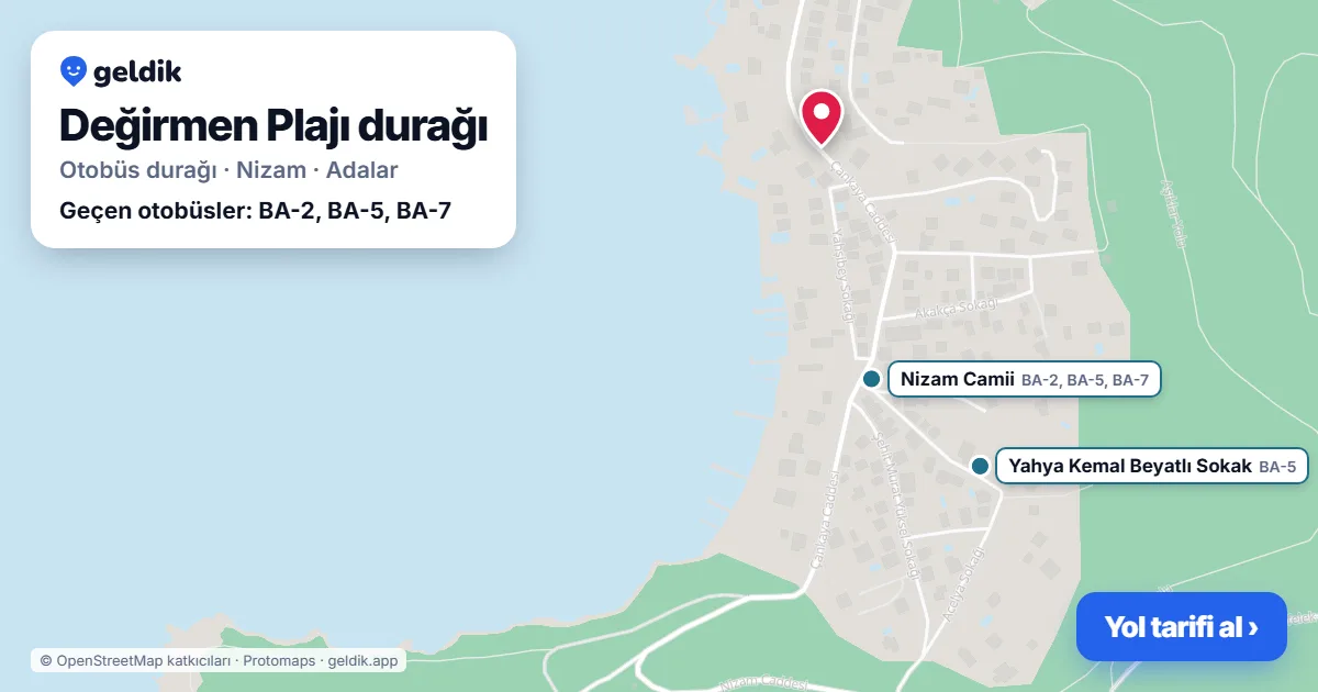 Değirmen Plajı otobüs durağı haritada: konumu ve yakındaki duraklar