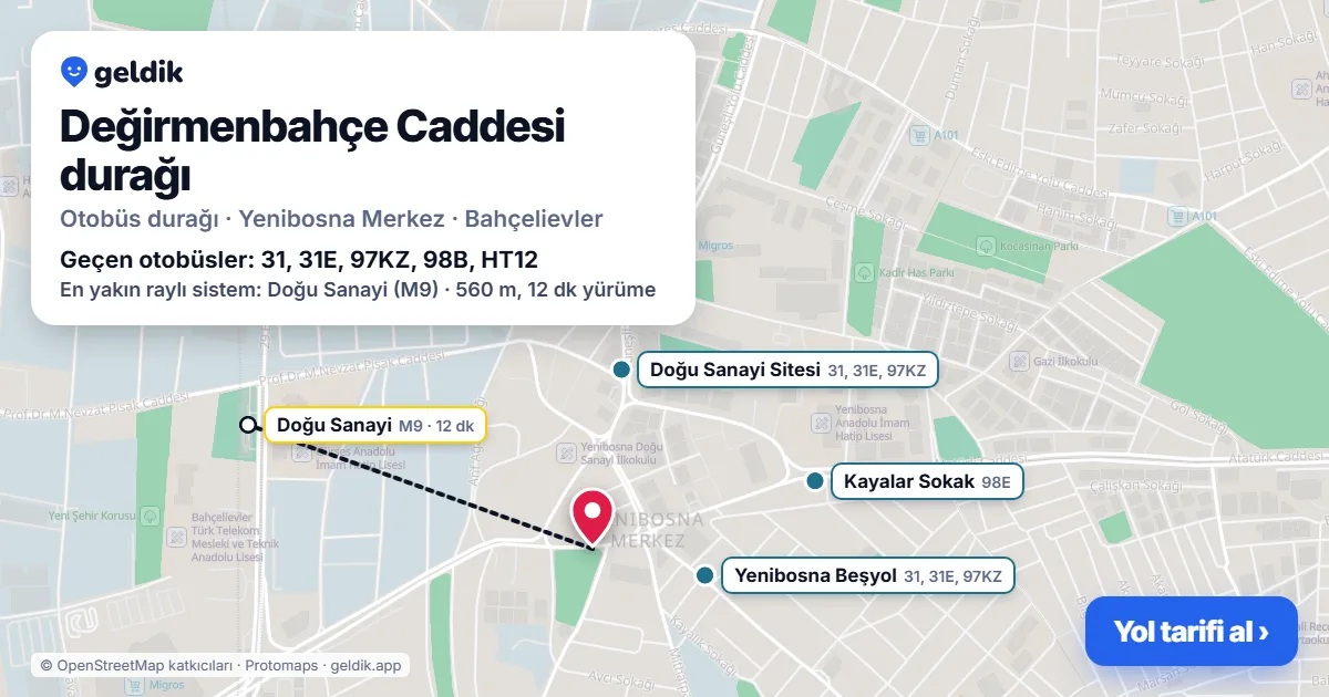 Değirmenbahçe Caddesi otobüs durağı haritada: konumu ve yakındaki duraklar