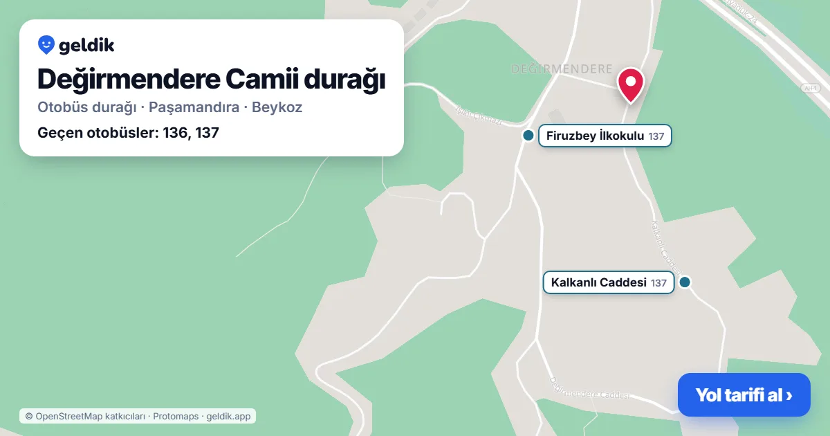 Değirmendere Camii otobüs durağı haritada: konumu ve yakındaki duraklar