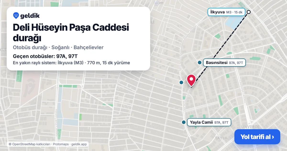 Deli Hüseyin Paşa Caddesi otobüs durağı haritada: konumu ve yakındaki duraklar