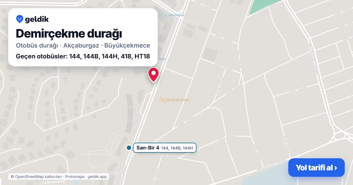Demirçekme otobüs durağı haritada: konumu ve yakındaki duraklar