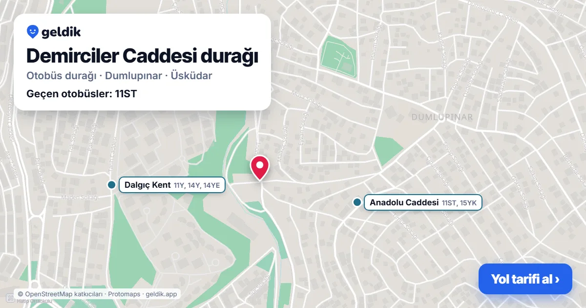 Demirciler Caddesi otobüs durağı haritada: konumu ve yakındaki duraklar