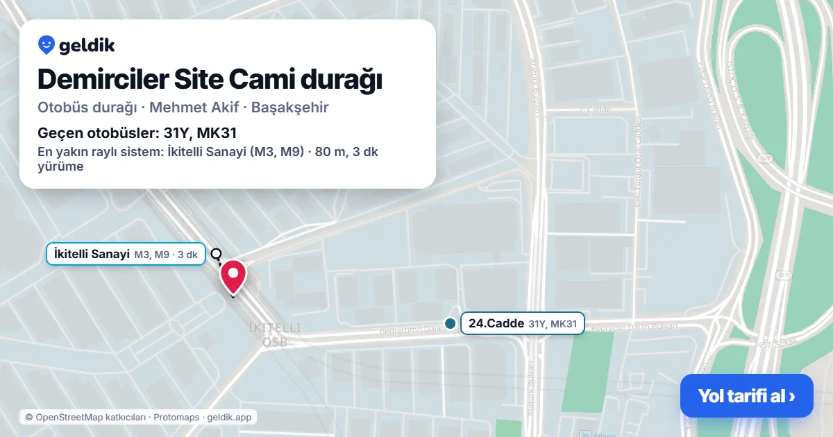 Demirciler Site Cami otobüs durağı haritada: konumu ve yakındaki duraklar