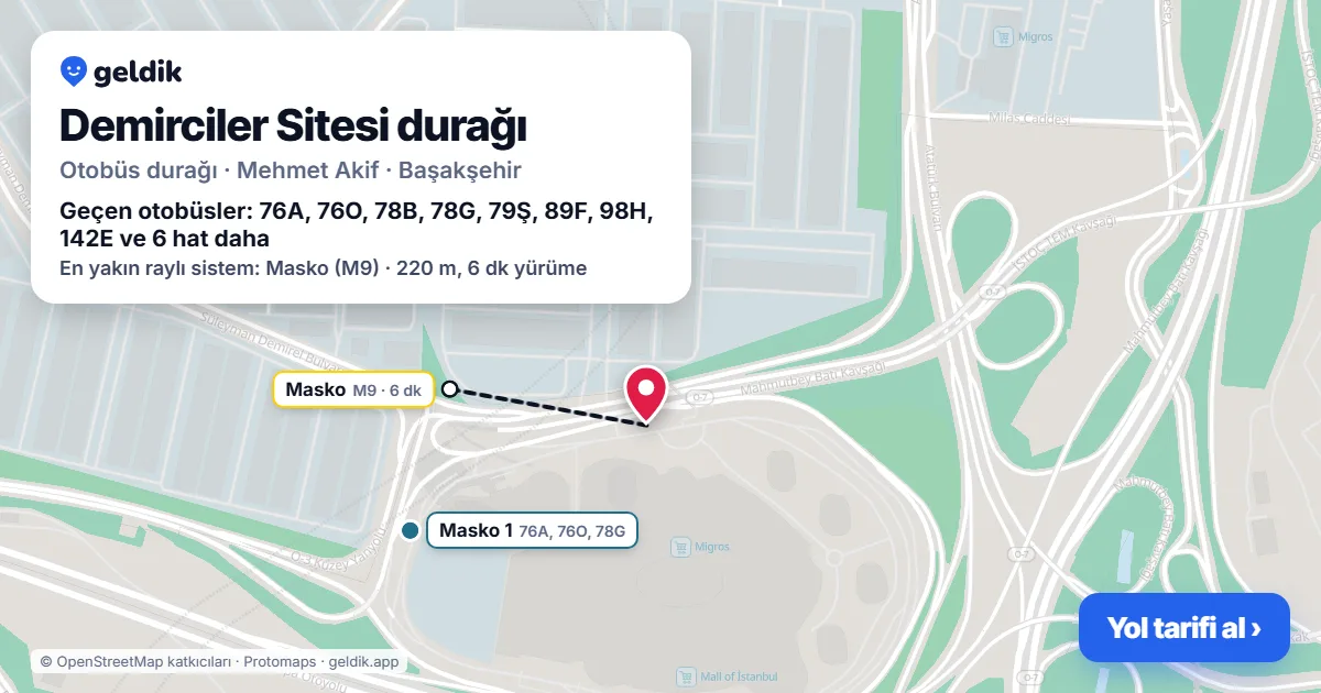 Demirciler Sitesi otobüs durağı haritada: konumu ve yakındaki duraklar