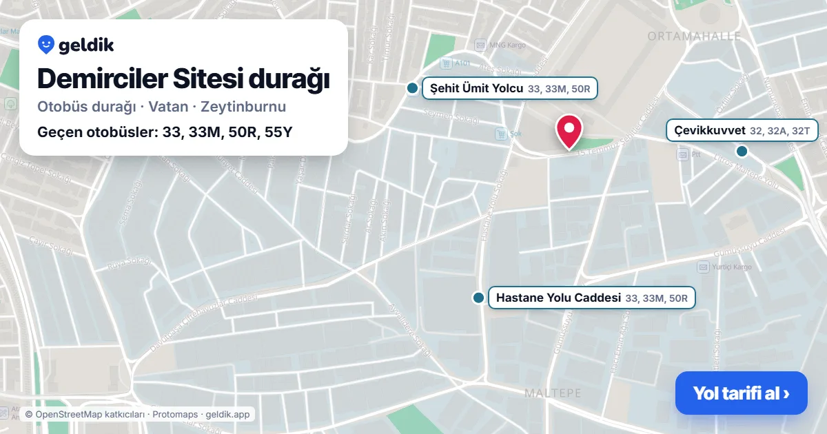 Demirciler Sitesi otobüs durağı haritada: konumu ve yakındaki duraklar