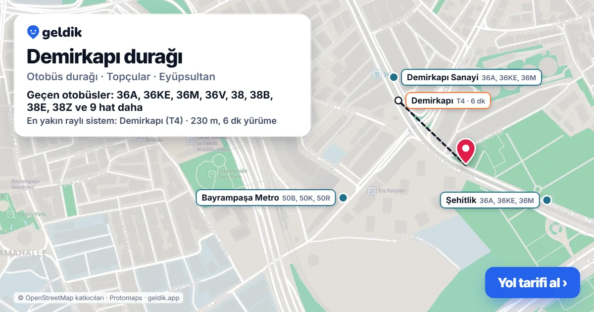 Demirkapı otobüs durağı haritada: konumu ve yakındaki duraklar