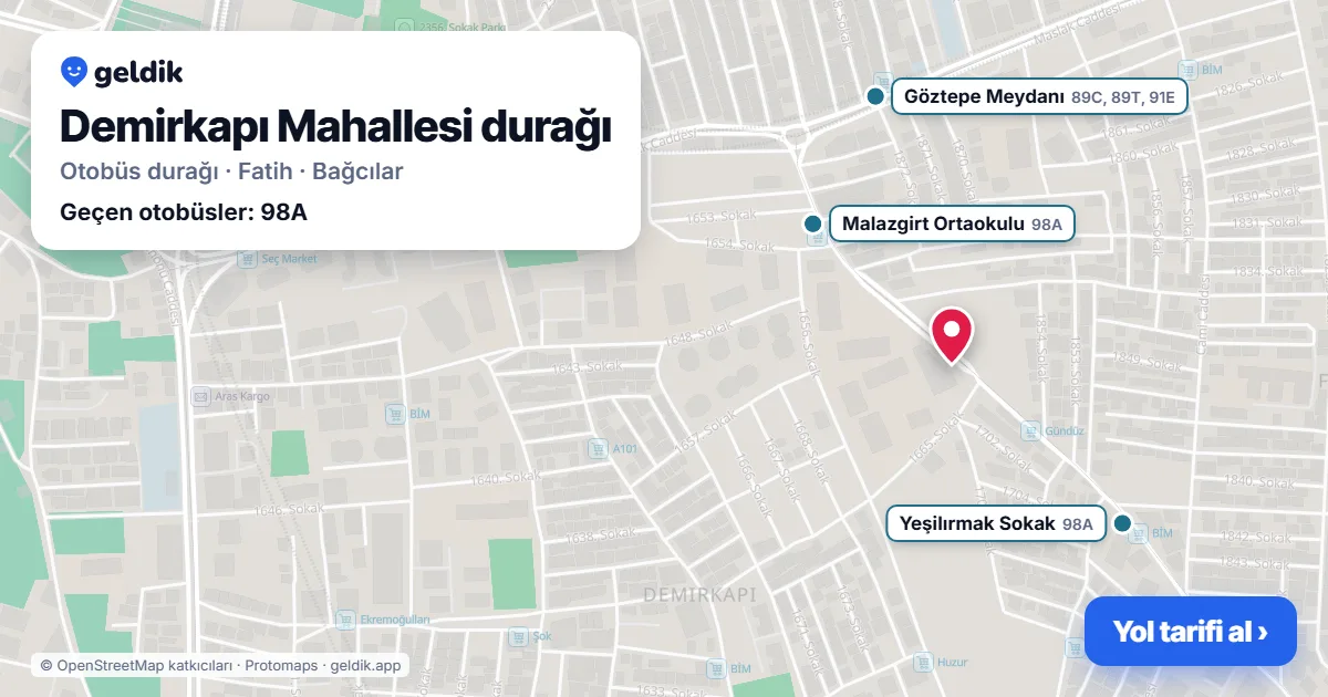 Demirkapı Mahallesi otobüs durağı haritada: konumu ve yakındaki duraklar