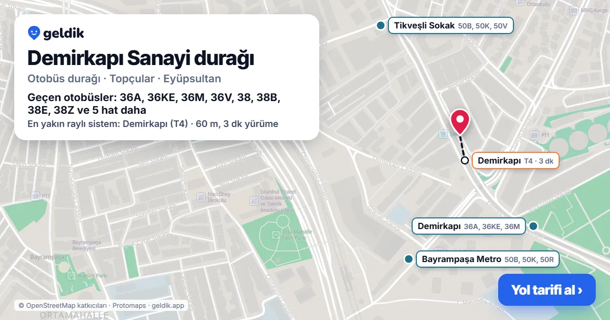Demirkapı Sanayi otobüs durağı haritada: konumu ve yakındaki duraklar