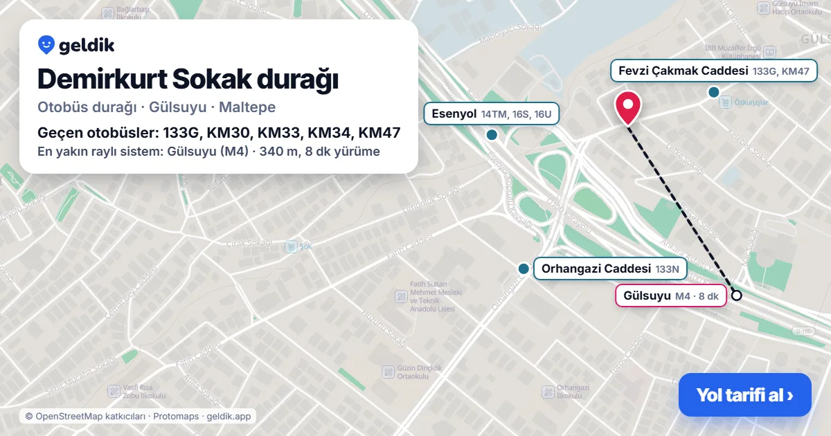 Demirkurt Sokak otobüs durağı haritada: konumu ve yakındaki duraklar