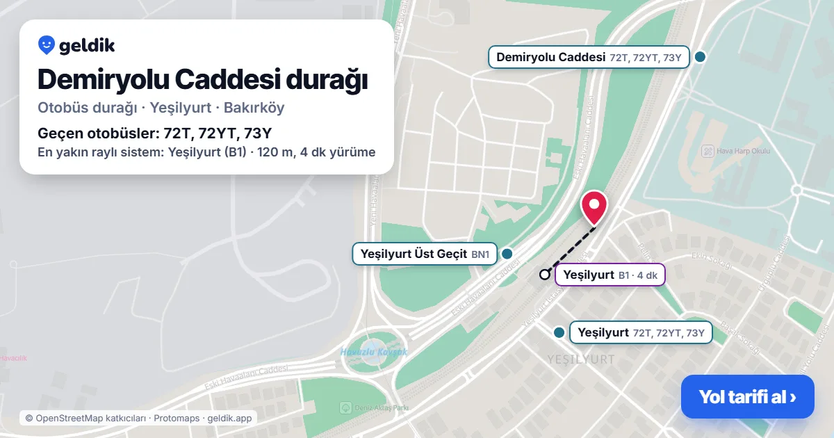 Demiryolu Caddesi otobüs durağı haritada: konumu ve yakındaki duraklar