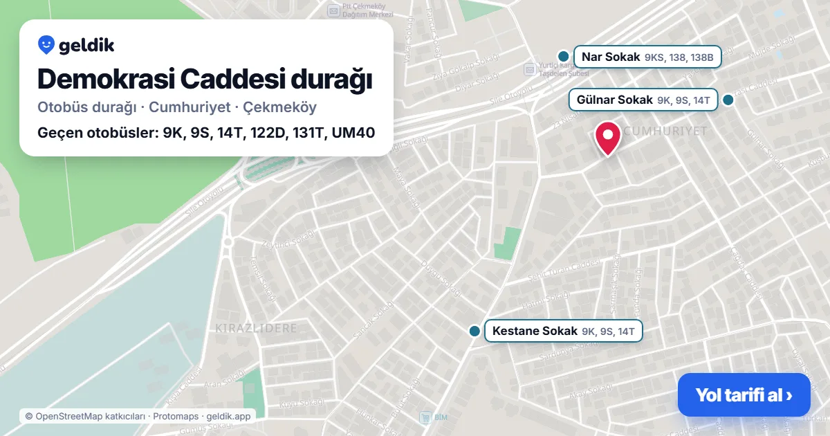 Demokrasi Caddesi otobüs durağı haritada: konumu ve yakındaki duraklar