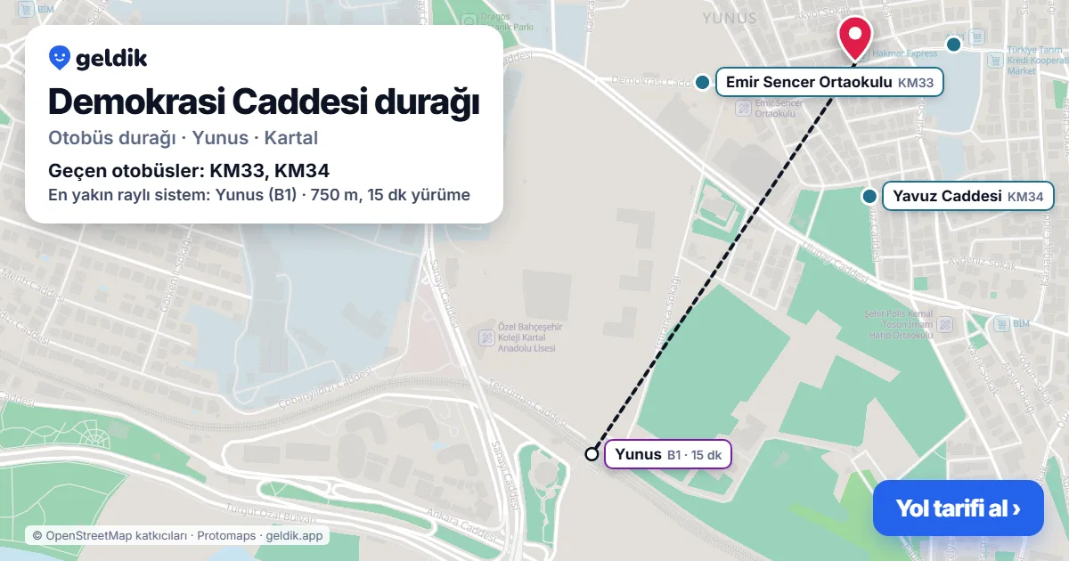 Demokrasi Caddesi otobüs durağı haritada: konumu ve yakındaki duraklar