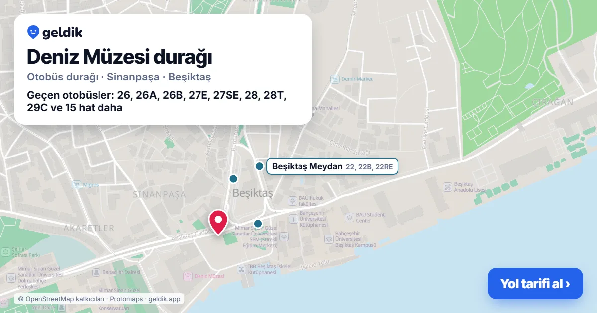 Deniz Müzesi otobüs durağı haritada: konumu ve yakındaki duraklar