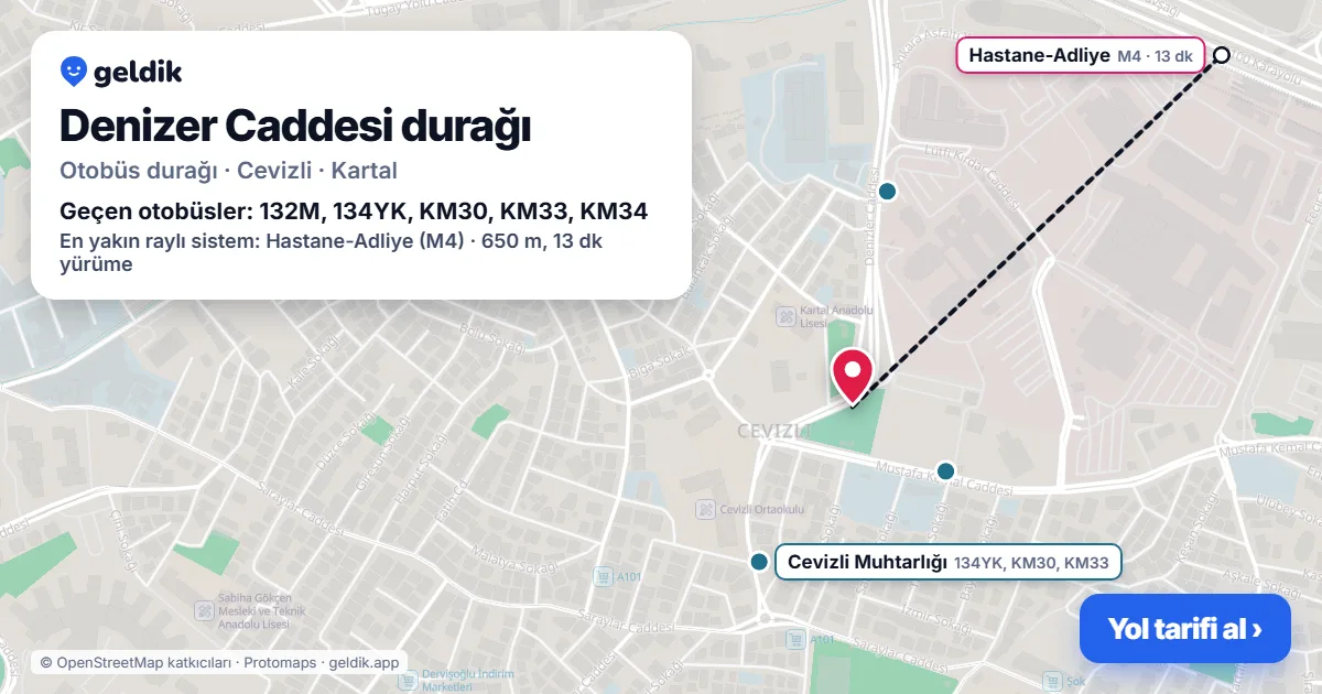 Denizer Caddesi otobüs durağı haritada: konumu ve yakındaki duraklar