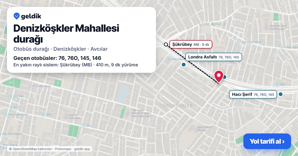 Denizköşkler Mahallesi otobüs durağı haritada: konumu ve yakındaki duraklar