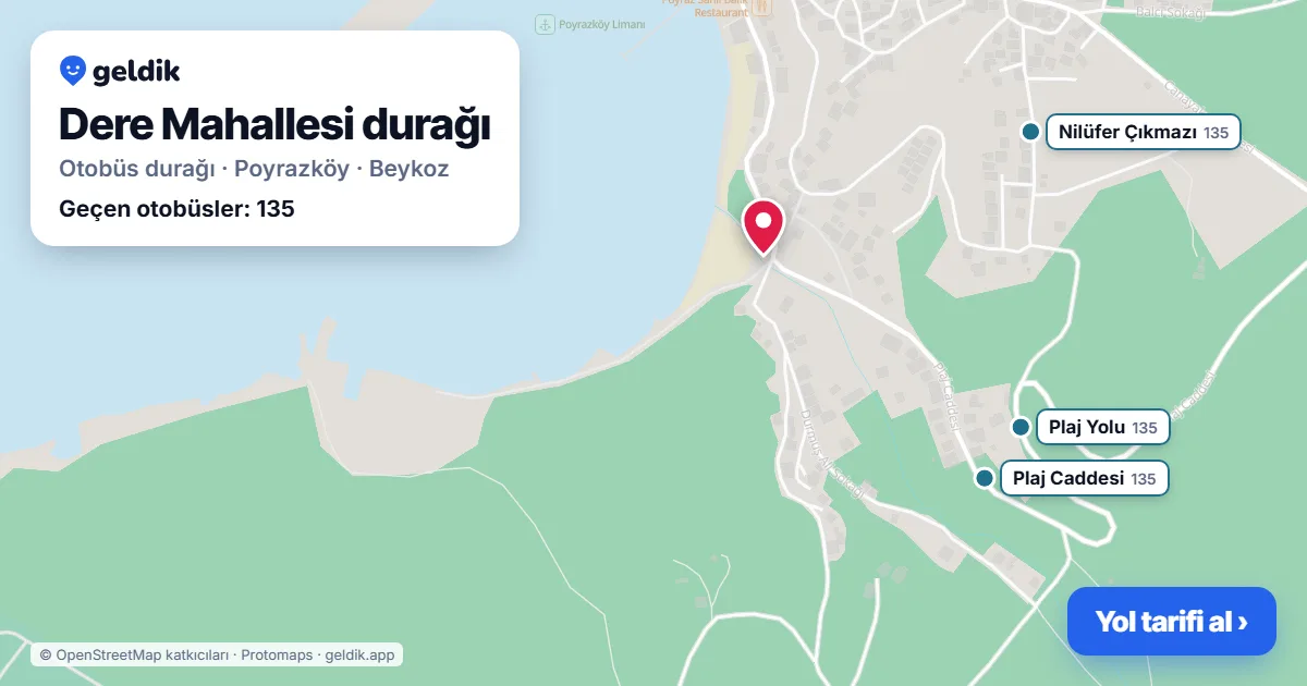 Dere Mahallesi otobüs durağı haritada: konumu ve yakındaki duraklar
