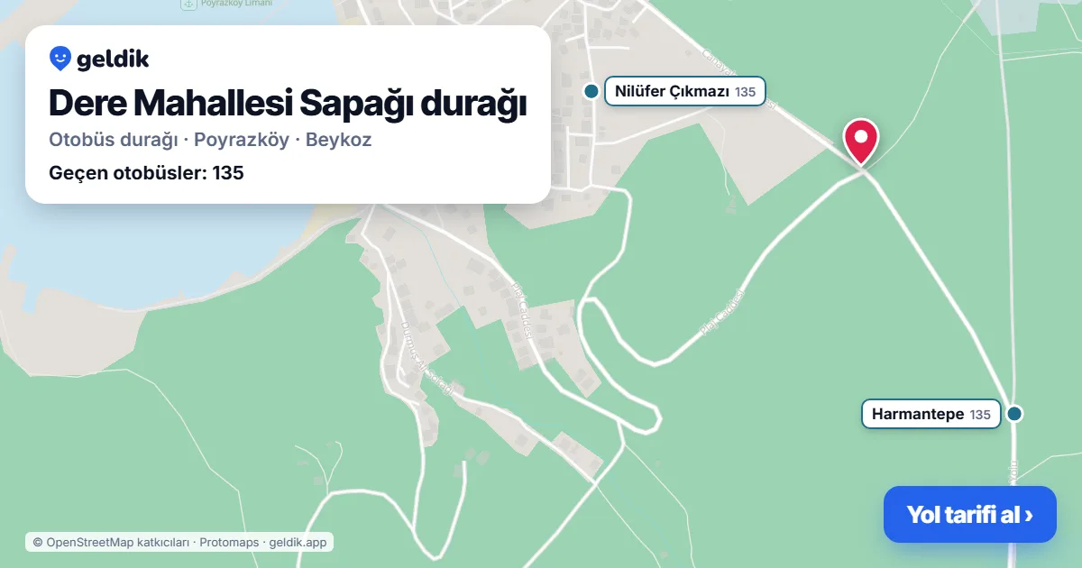 Dere Mahallesi Sapağı otobüs durağı haritada: konumu ve yakındaki duraklar