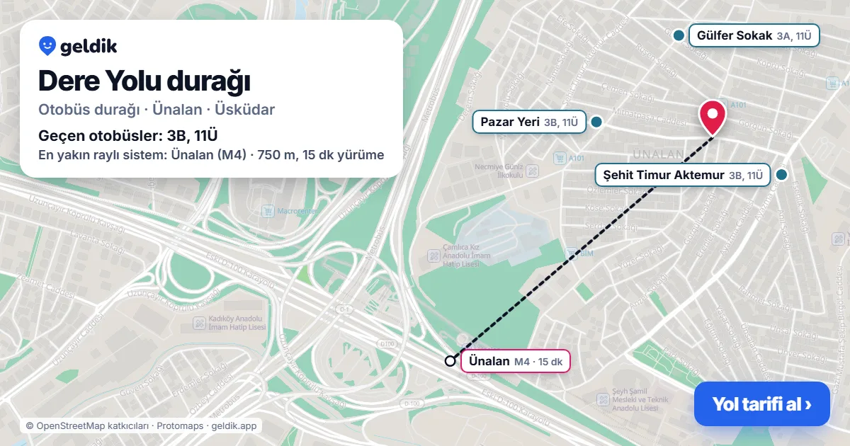 Dere Yolu otobüs durağı haritada: konumu ve yakındaki duraklar