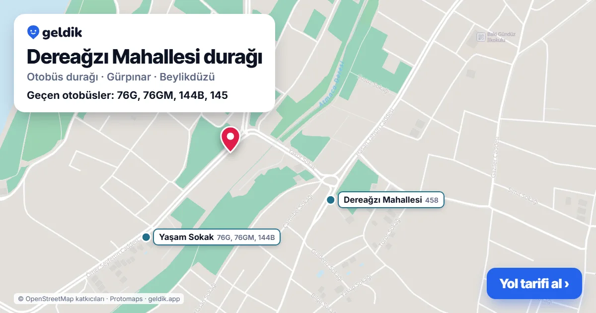 Dereağzı Mahallesi otobüs durağı haritada: konumu ve yakındaki duraklar