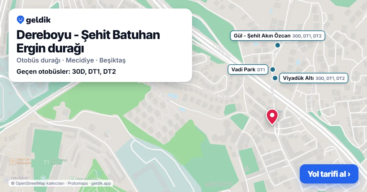 Dereboyu - Şehit Batuhan Ergin otobüs durağı haritada: konumu ve yakındaki duraklar