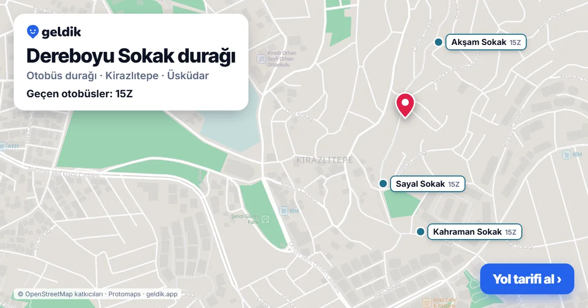 Dereboyu Sokak otobüs durağı haritada: konumu ve yakındaki duraklar