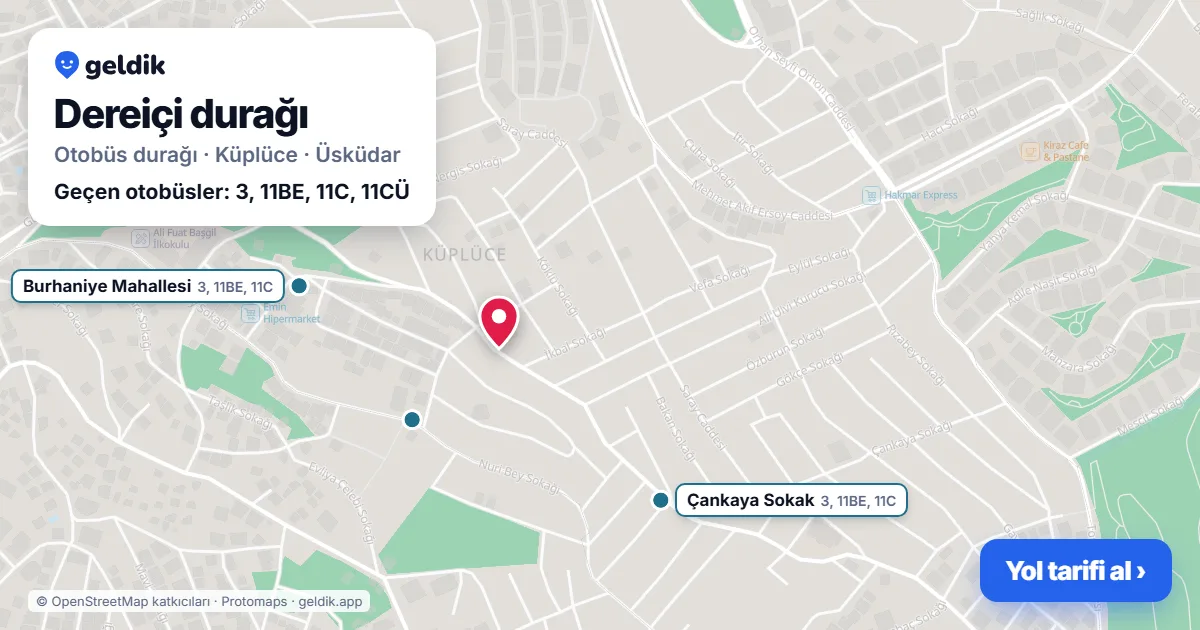 Dereiçi otobüs durağı haritada: konumu ve yakındaki duraklar