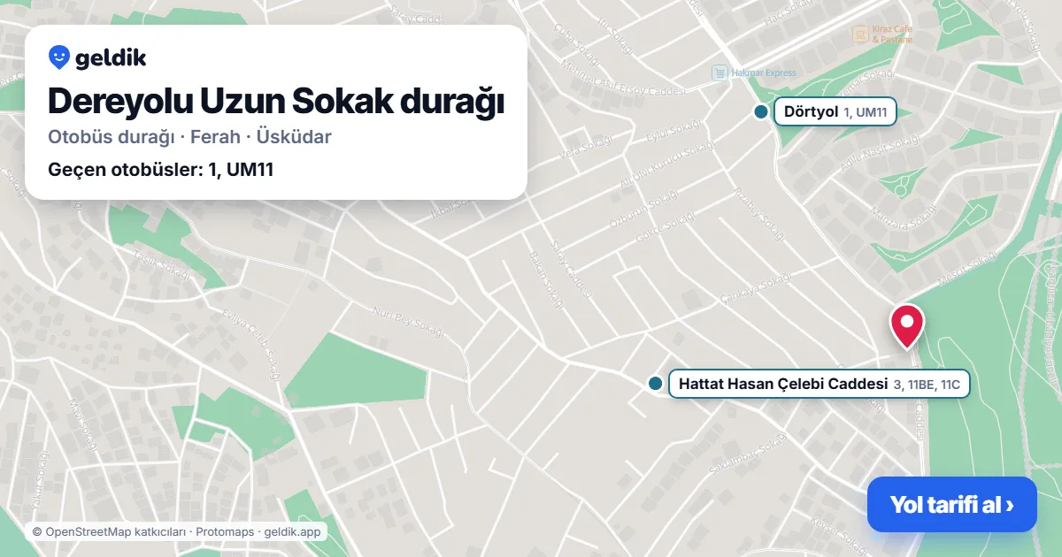 Dereyolu Uzun Sokak otobüs durağı haritada: konumu ve yakındaki duraklar