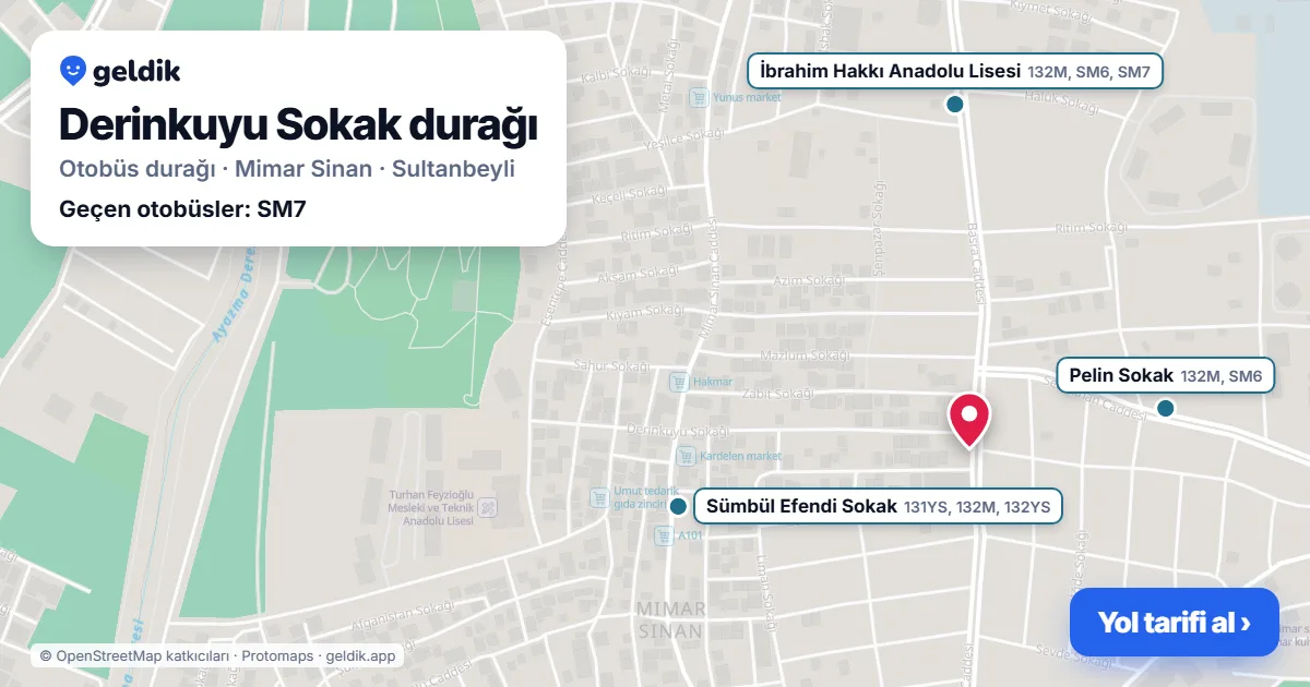 Derinkuyu Sokak otobüs durağı haritada: konumu ve yakındaki duraklar