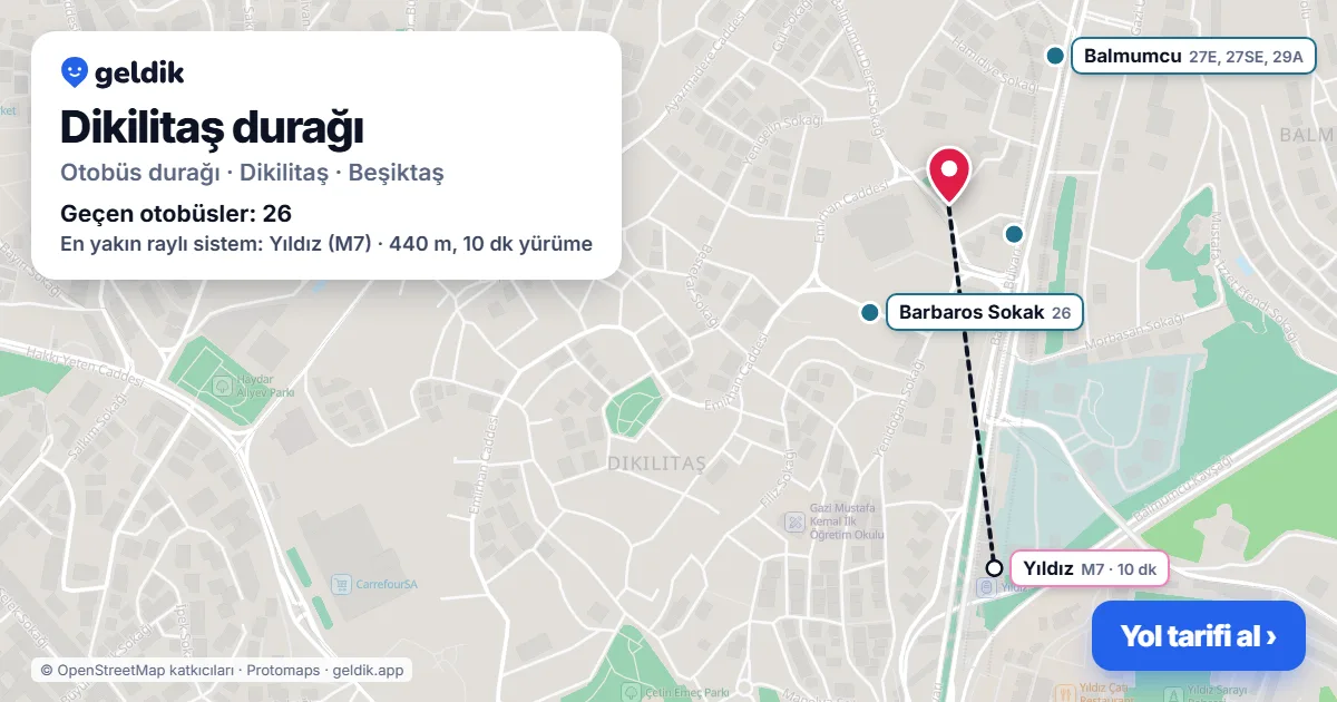 Dikilitaş otobüs durağı haritada: konumu ve yakındaki duraklar