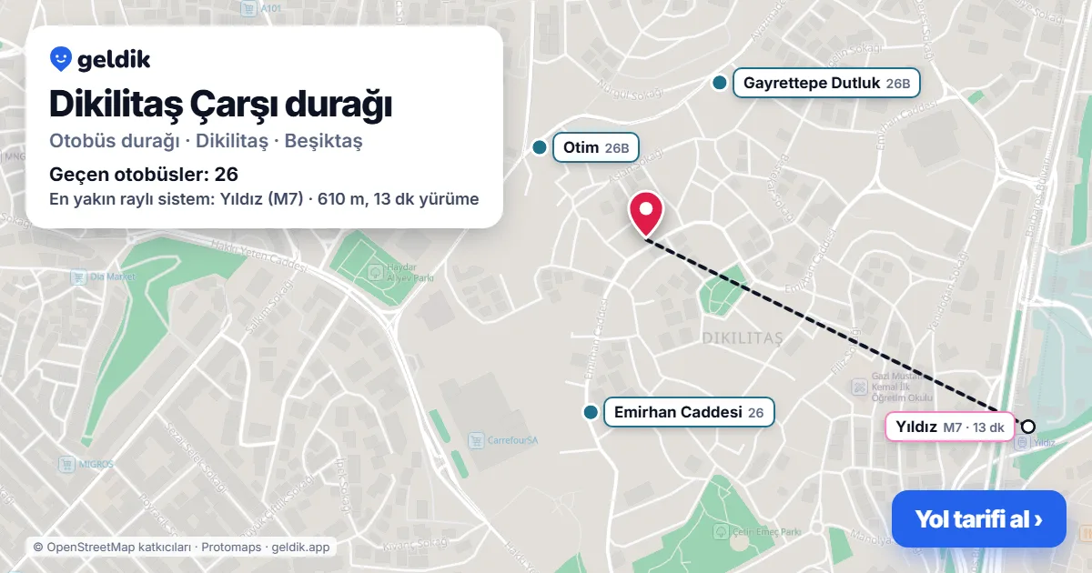 Dikilitaş Çarşı otobüs durağı haritada: konumu ve yakındaki duraklar