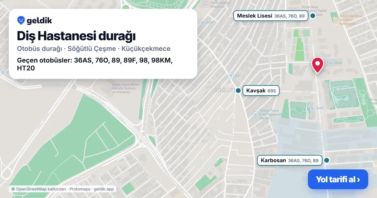 Diş Hastanesi otobüs durağı haritada: konumu ve yakındaki duraklar