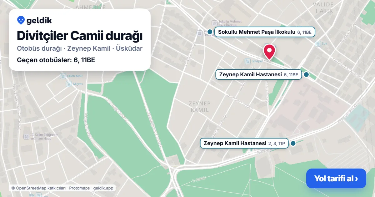 Divitçiler Camii otobüs durağı haritada: konumu ve yakındaki duraklar