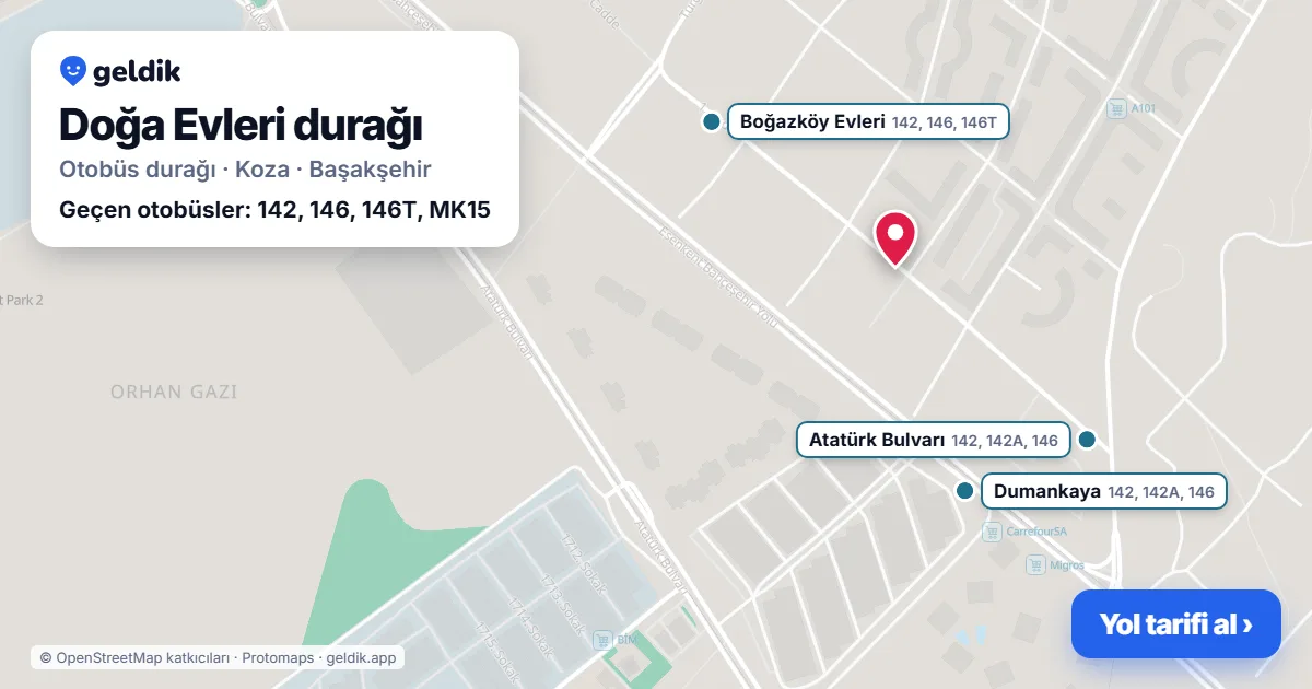 Doğa Evleri otobüs durağı haritada: konumu ve yakındaki duraklar