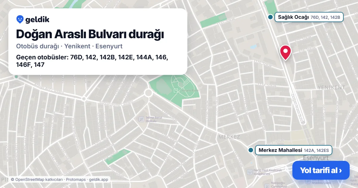 Doğan Araslı Bulvarı otobüs durağı haritada: konumu ve yakındaki duraklar