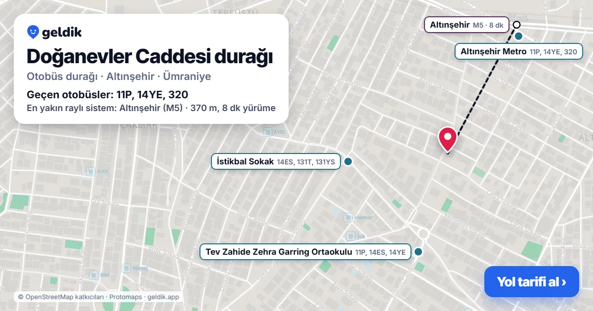 Doğanevler Caddesi otobüs durağı haritada: konumu ve yakındaki duraklar