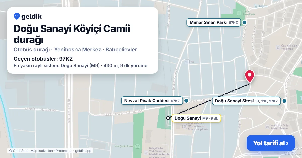 Doğu Sanayi Köyiçi Camii otobüs durağı haritada: konumu ve yakındaki duraklar