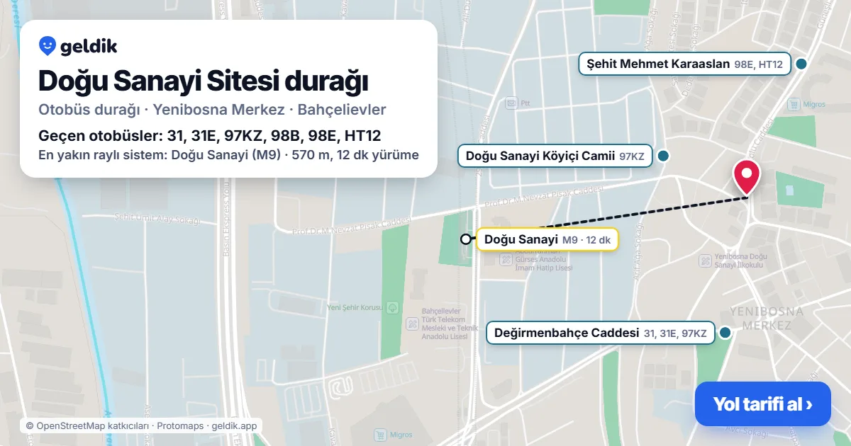 Doğu Sanayi Sitesi otobüs durağı haritada: konumu ve yakındaki duraklar
